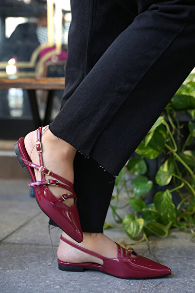 LAMİNTA Mona Claret Red Stripe Detailed Women's Ballerinas