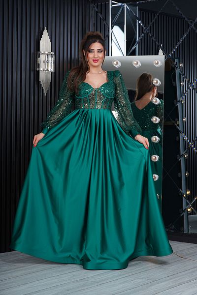 Matik Abiyem Pearl Tulle Sequin Satin Design Chest Cutout Long Dress Evening Dress