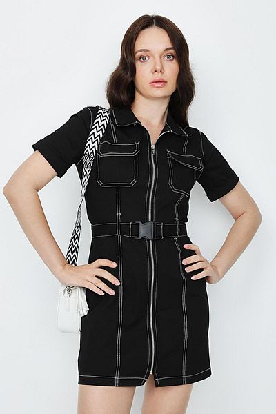Select Moda Women's Contrast Stitching Belted Denim Dress