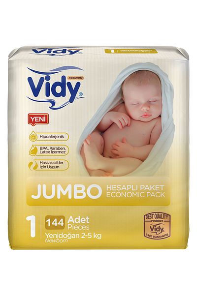 Vidy Number 1 Baby Diapers Newborn Premium 144 Pieces 72x2 Pack/2-5 Kg/leakproof Absorbent Hypoallergenic