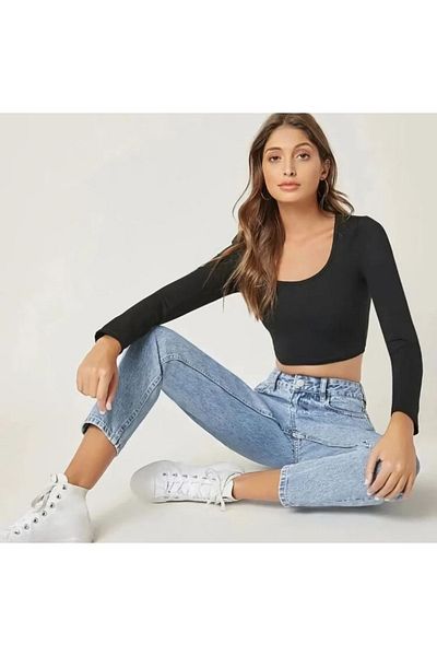 MAKRAS EXCLUSIVE Isabella Zero Max blugi mom albastri cu talie înaltă 100% bumbac blugi elastici (cumpărați cu o mărime mai mare)