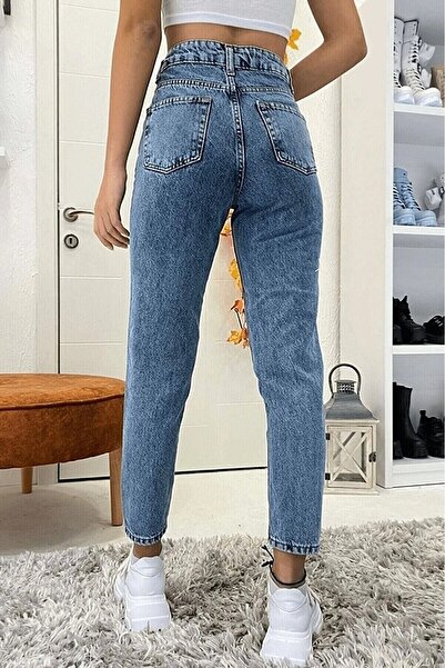 MAKRAS EXCLUSIVE High Waist Isabella Blue Mom Jean - Snow Wash Jeans (Buy 1 Size Larger)