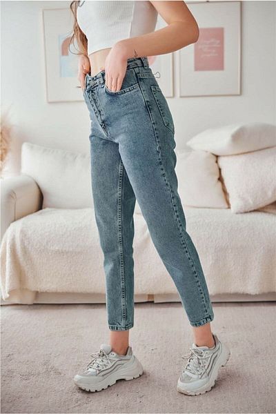 MAKRAS EXCLUSIVE Blugi Isabella cu talie înaltă Lycra Mom - albastru, fără spălare pe zăpadă, mărimea 1 (cumpărați mari)