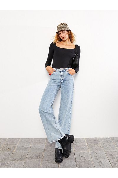 MAKRAS EXCLUSIVE Isabella Nelson Fex Lycra pentru femei, blugi largi cu talie înaltă, cu picioare largi (noul sezon)