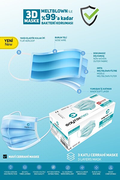 SAYTEKMED Meltblown Filtreli Yassı ipli 3 Katlı Pembe Cerrahi Maske (1 KUTU/50 ADET)