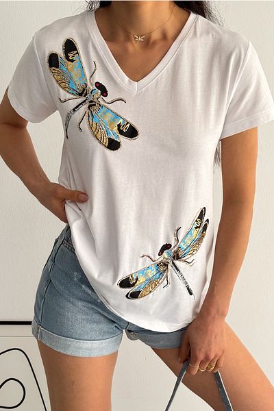 FEMELLE Women's V-Neck Sequin Embroidered 100% Cotton T-Shirt