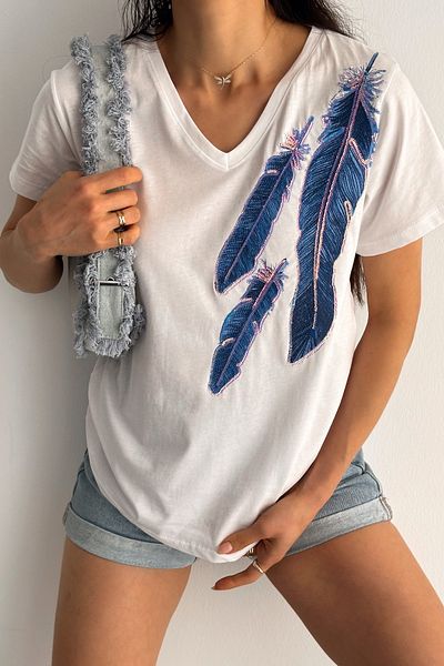 FEMELLE Women's White V-Neck Feather Pattern Sequin Embroidered 100% Cotton T-Shirt