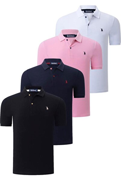 Dewberry SET OF FOUR T8561 DEWBERRY MEN'S T-SHIRT-BLACK-WHITE-DARK BLUE-PINK