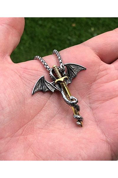 Viking Nordic Figures and Dragon Design - Stainless Anti-Tarnish 316L Steel Necklace, Small Size