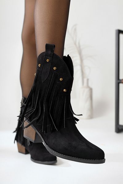 Limoya Lillebeth Black Suede Western Γυναικείες Μπότες - Μποτάκι με φούντα και λεπτομέρεια από καρφιά