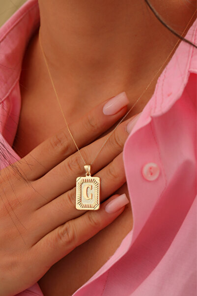 WOOW GOLD 14 Ayar Altın Kolye Kabartma C Harfi Kare Altın Kolye Zincir Dahil