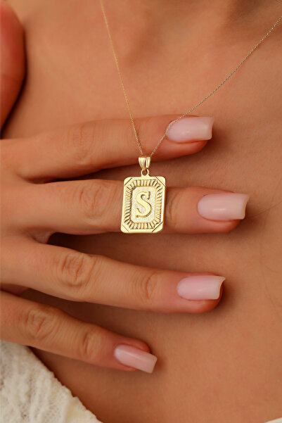 WOOW GOLD 14 Ayar Altın Kolye Kabartma S Harfi Kare Altın Kolye Zincir Dahil
