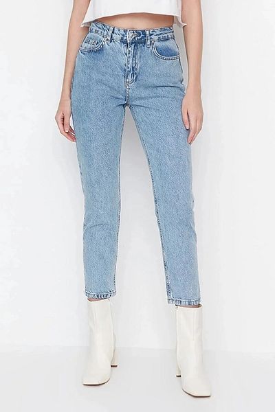 MAKRAS EXCLUSIVE Larina Ice Blue Snow Wash Mom Jeans Lycra Pantaloni din denim cu talie înaltă Extra Confortabil