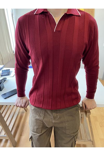 COOL TARZ Claret Red Ανδρικό πλεκτό μπλουζάκι πόλο με χοντρή ρίγα