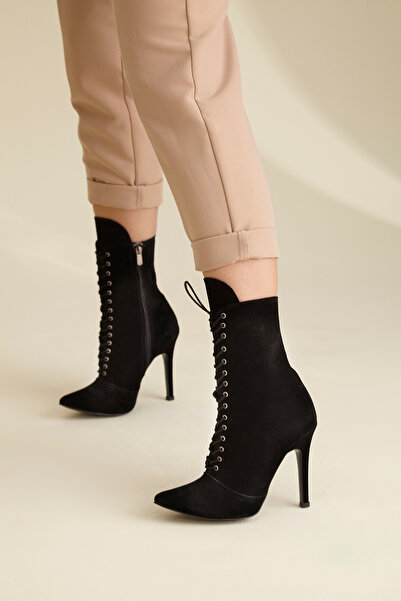 AYAKKABI PRENSİ Arto Lace-Up Thin Heel Black Suede Black Suede 10 cm Women's Boots & Bootie, High Heels