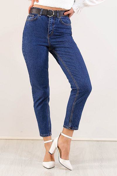 TugsatTasarTekstil Blugi de damă Arjo Deep Blue cu talie înaltă Boyfriend Mom Jean