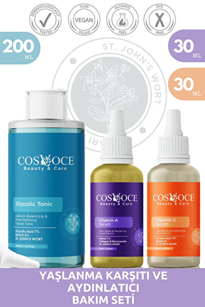 COSVOCE Yaşlanma Karşıtı ve Aydınlatıcı Bakım Seti Gylcolic Acid, Vitamin A, ...