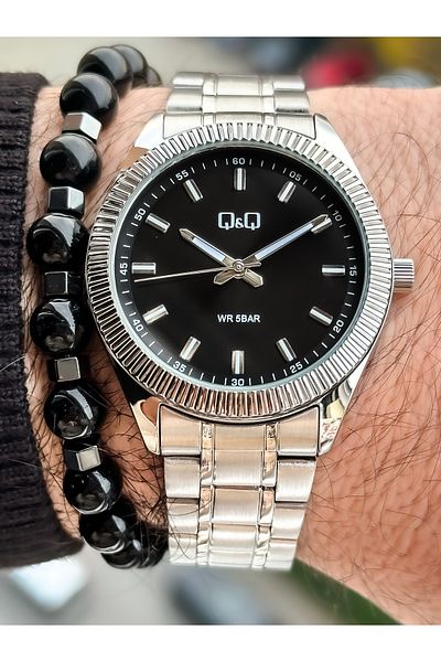 Q&Q Brand Steel Strap, Silver Color, Suitable for Pool and Sea Use, Stylish Men's Wristwatch + Bracelet