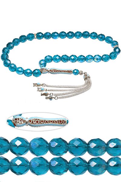 Tesbih Atölyesi Certified Filigree Tassel Faceted Blue Natural Quartz Stone Rosary