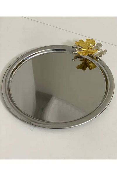 Mira züccaciye 6-Piece Butterfly Patterned Silver Round Presentation Tray - Tea and Coffee 22 Cm