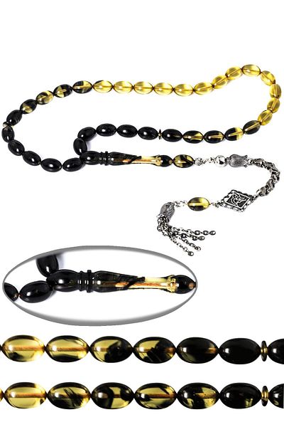 Tesbih Atölyesi Certified Black Transparent Color Twisted Tassel Beam Fire Amber Rosary