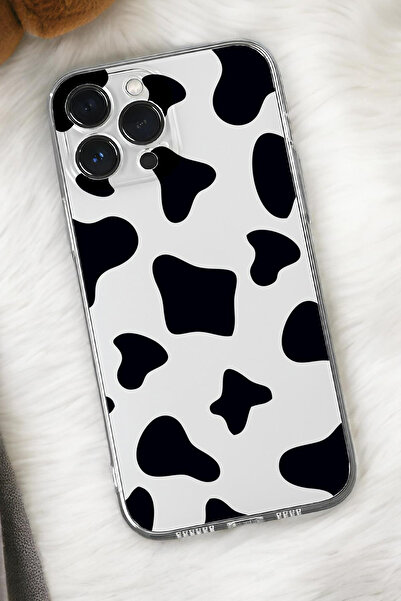 mooodcase iPhone 15 Uyumlu İnek Desenli Premium Silikonlu Şeffaf Telefon Kılıfı