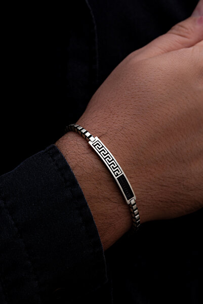 OSMANLI GÜMÜŞ Erkek Gümüş Bileklik - Küp Zincirli Grek Desenli Zirkon Taşlı G...