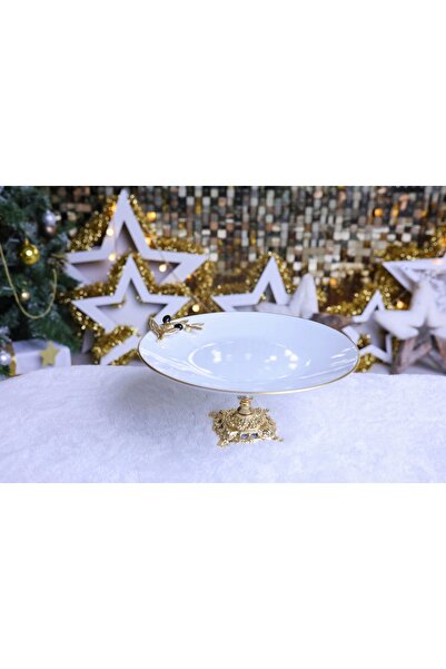 Elta Collection 3 Parça Metal Ayaklı Porselen Pasta Sunumluk Kurabiyelik Şekerlik Set