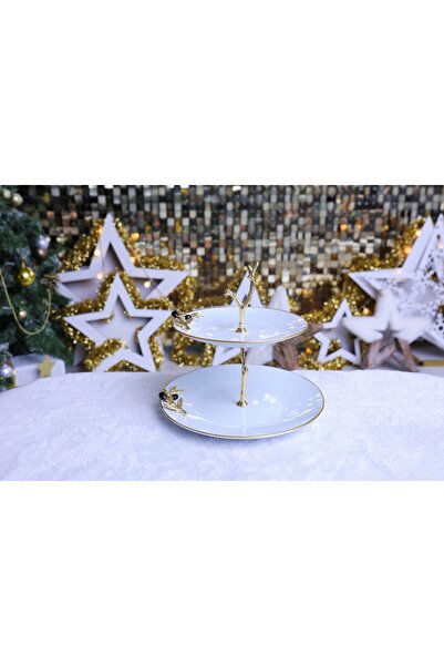 Elta Collection Metal Ayaklı Yaldızlı Katlı Porselen Sunumluk Kurabiyelik Şekerlik