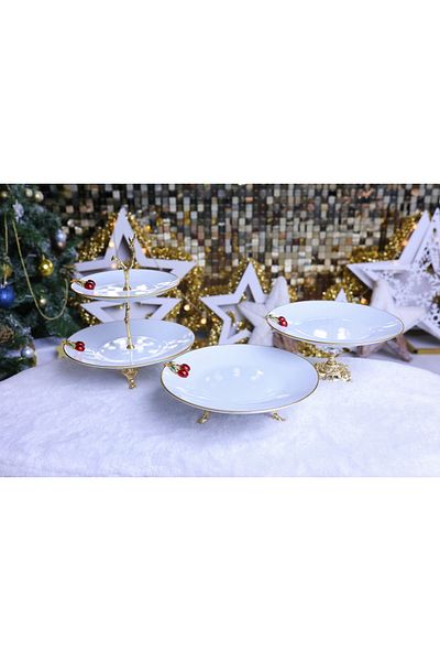 Elta Collection 3 Piece Metal Leg Porcelain Cake Presentation Cookie Holder Sugar Bowl Set