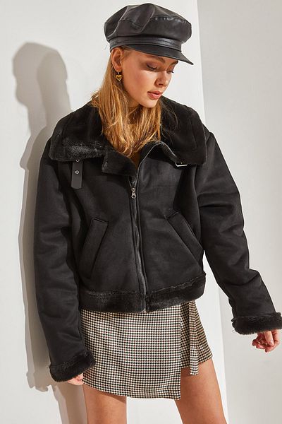 Bianco Lucci Women's Suede Plush Laminated Araboy Biker Coat 2348