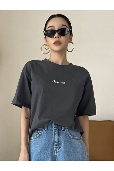 BYMEER Unisex zakouřené klasické oversize tričko s výstřihem a výstřihem