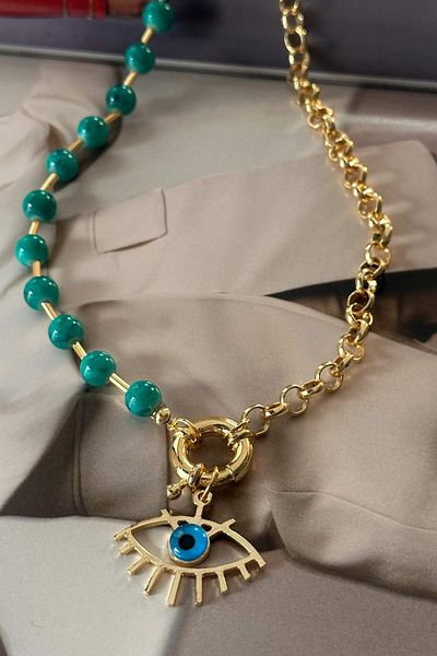 Trendy Butik نصف سلسلة نصف قلادة عين مطرزة باللون الأخضر المائي