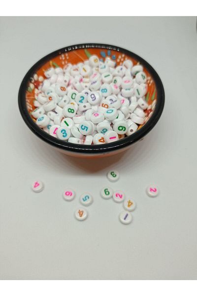 Hobimos Flat White Colorful Number Beads 4x7 Mm 50 Pieces