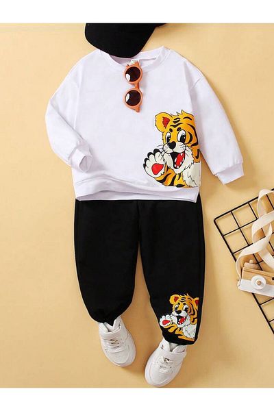 AMMA Children's Tiger Printed Sweatsirt Crew Neck Winter 3 Thread Bottom Top Tracksuit Set