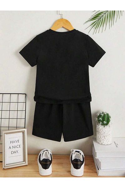 AMMA Children's Black Teddy Bear Printed T-shirt Shorts Top and Bottom Set