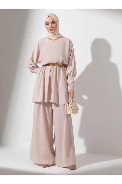 Refka Tunic&Pants Double Evening Dress Set - Beige - Refka Woman