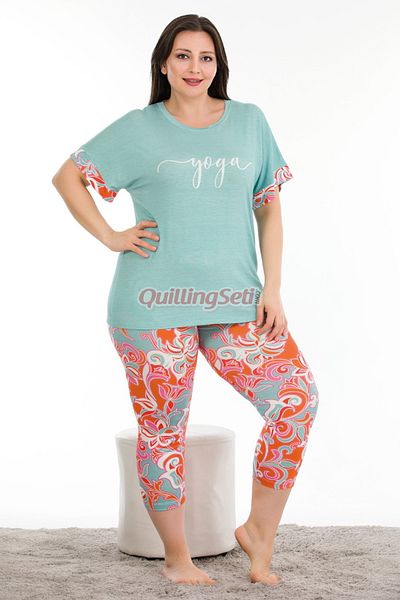 quilling Blue Color Floral Pattern Lady 10685 Short Sleeve Capri Plus Size Pajamas Set