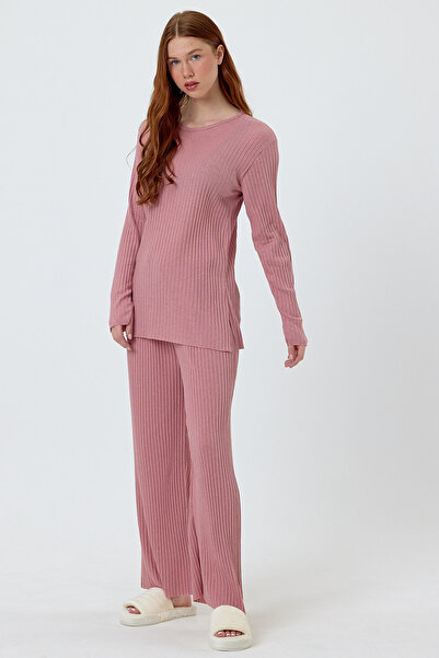 MEBA Kadın Mevsimlik Uzun Kollu Fitilli Pudra Pembe Pijama Takımı