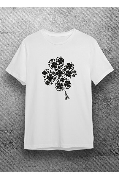 VİZYON İKRA Tricou de damă alb-negru cu 4 foi de trifoi cu frunze imprimate