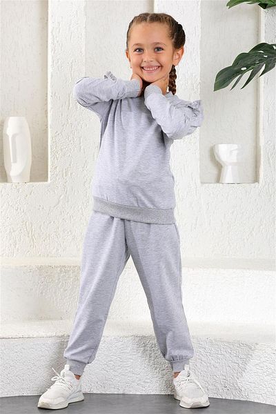 zepkids Girl's Gray Colored Crew Neck 2-piece Suit with Ruffle Detail on the Shoulders