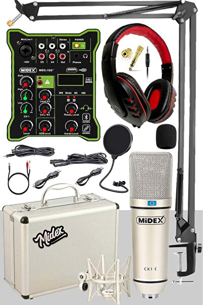 Midex CX1 Functional Paket-4 Stüdyo Mikrofon Ses Kartlı Mikser Kulaklık Stand