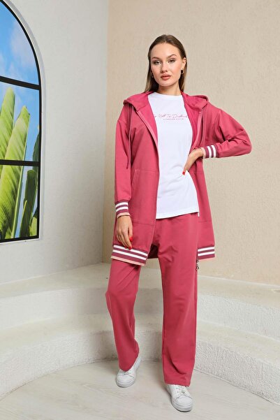 WestBound Women's Striped Powder Color Triple Hijab Sports Set Combination