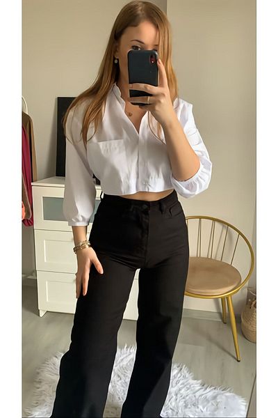 Geppetto Blugi negri Palazzo cu talie înaltă Morena Blugi flexibili din lycra