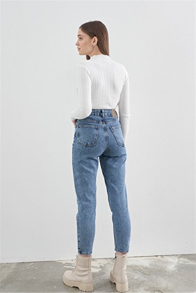 Geppetto Blugi Mom din Lycra cu talie înaltă - Pantaloni din denim spălați pe zăpadă, foarte confortabili 2024