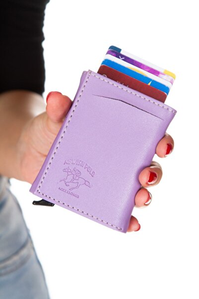 Newish Women's Lilac Vegan Leather Wallet with Aluminum Mechanism and Card Holder.