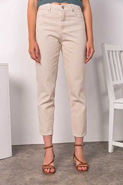 MAKRAS EXCLUSIVE Dora High Waist Lycra Beige Mom Jeans Stretchy Jeans Pants 2024