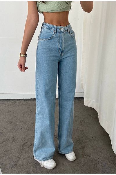 Geppetto Blugi largi de damă cu talie înaltă, albastră, spălat cu zăpadă Pantaloni elastici Palazzo din denim 2024