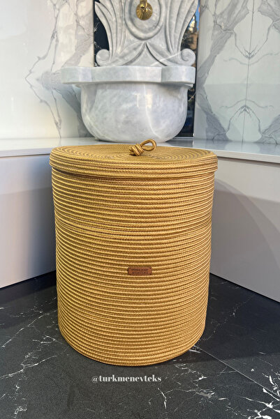 Türkmen Ev Tekstil Jüt Hasır 40 x 45 Kapaklı Çamaşır sepeti ,Kirli Sepeti ,Oy...