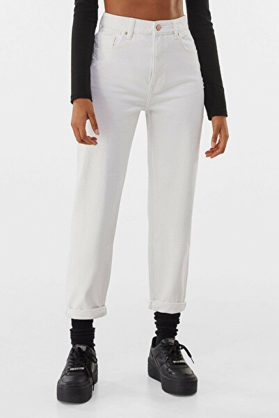 MAKRAS EXCLUSIVE High Waist Zippered White Mom Fit Jeans - No Inner Display2024